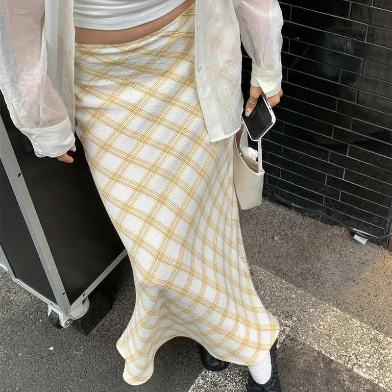 韩系简约黄色格纹肌理感半身裙