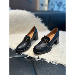 YUSI高智女作家~全羊皮一脚蹬懒人乐福鞋单鞋女jk鞋小皮鞋粗跟7cm