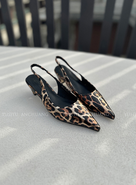 YUSI原创设计包头凉鞋女夏新款尖头气质后空高跟鞋豹纹真皮轻奢款