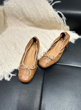 YUSI真皮法式复古方头粗跟单鞋女蝴蝶结软底舒适气质一脚蹬奶奶鞋
