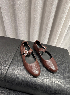 YUSI~稀溜耙~大象纹一字带法式玛丽珍鞋羊皮奶奶鞋单鞋女平底春秋