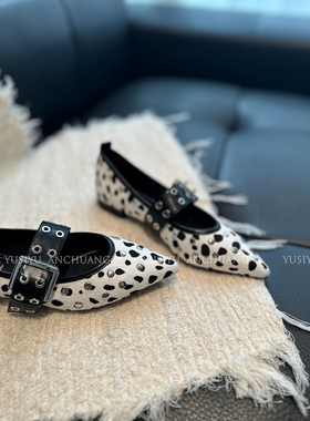 YUSI复古风豹纹铆钉一字扣玛丽珍鞋女设计感平跟马毛尖头浅口单鞋