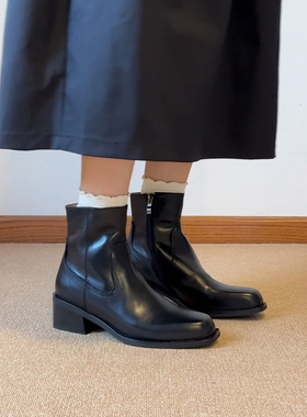 YUSI~高货出口韩单~法式中跟短靴女春秋及裸靴瘦瘦靴时装切尔西靴