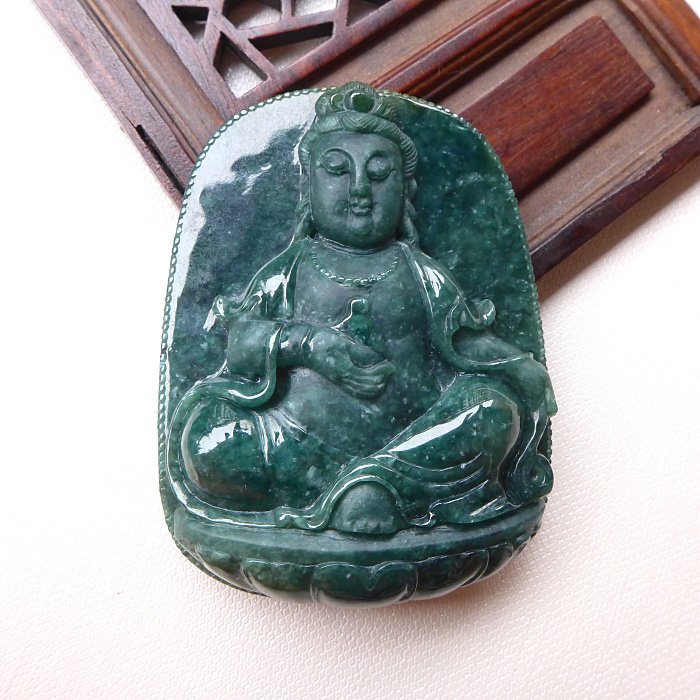 源头好货缅甸天然翡翠玉A货老坑精雕墨绿观音翡翠吊坠 F06