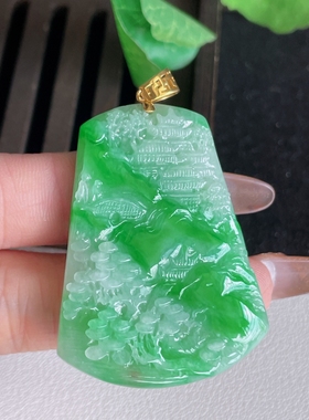 翡翠a货18K金冰种飘阳绿山水牌吊坠，尺寸44.8-32.4-5.5重17.08g