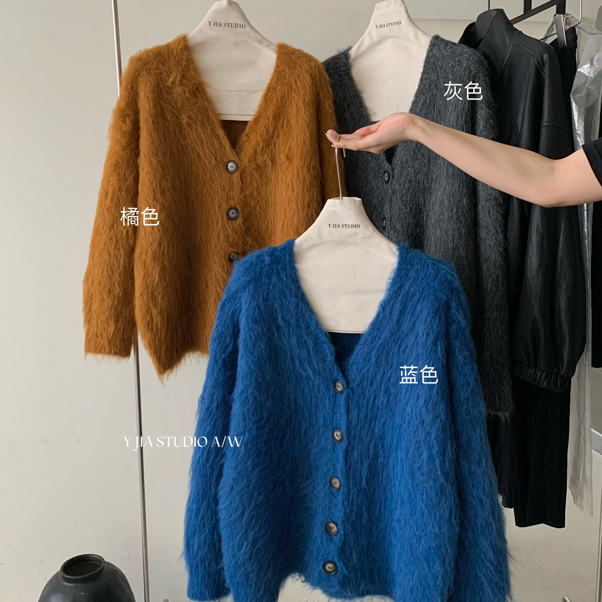 日暮漫游V领慵懒感拉毛毛衣针织开衫995-5