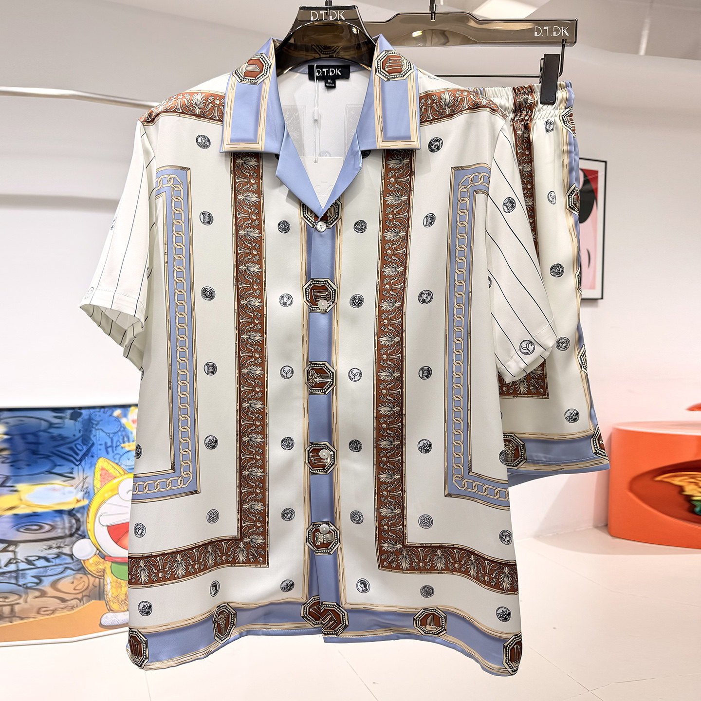 玫瑰贡缎睡衣男2026年新夏季情侣高端印花短袖家居服轻奢冰丝套装