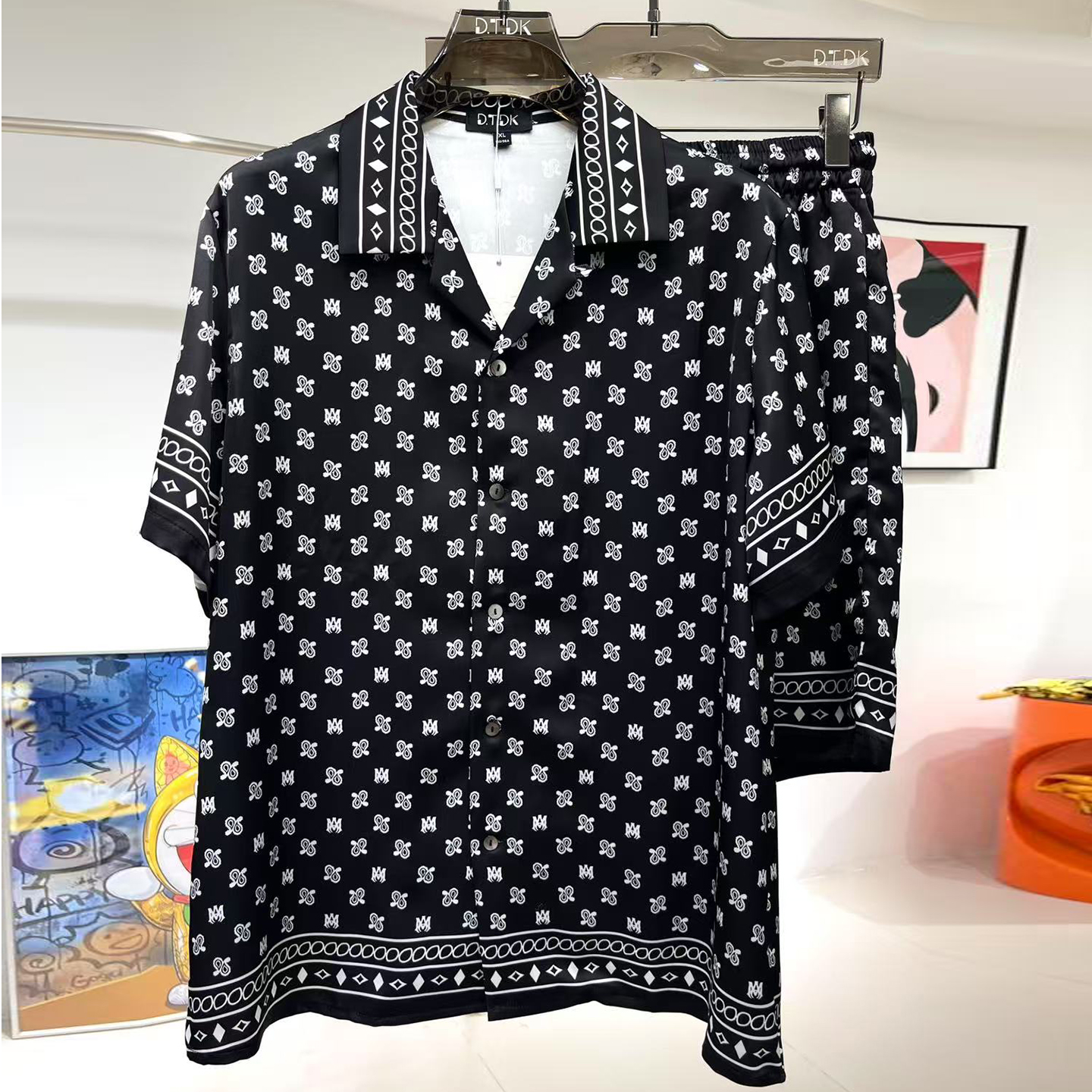 玫瑰贡缎睡衣男士2025年夏季情侣高端字母印花短袖家居服冰丝套装