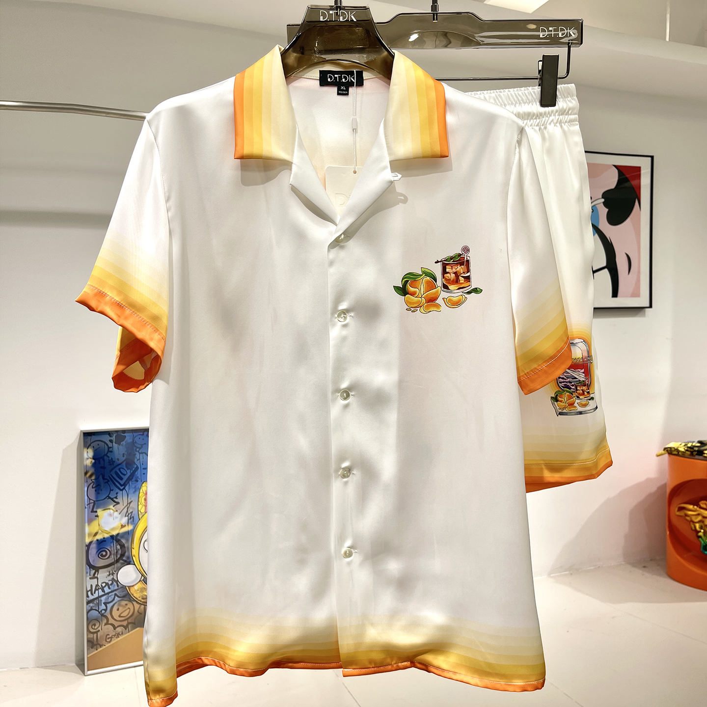 玫瑰贡缎睡衣男2025年夏季情侣高端假日风印花短袖家居服冰丝套装