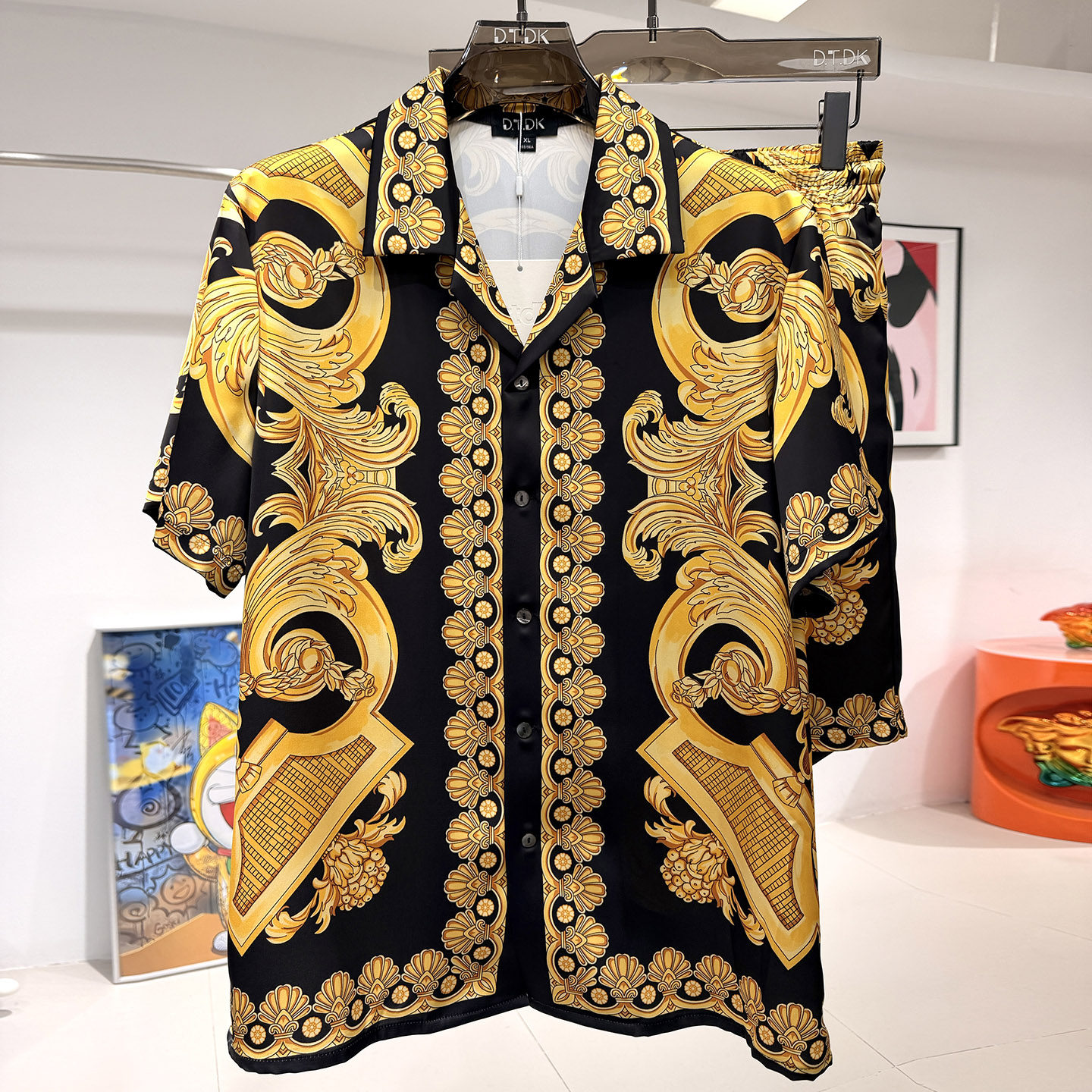 玫瑰贡缎睡衣男士新款夏季情侣高端宫廷风印花短袖家居服冰丝套装