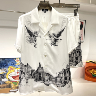 家居服冰丝套装 玫瑰贡缎睡衣男士 情侣高端假日风印花短袖 夏季 新款