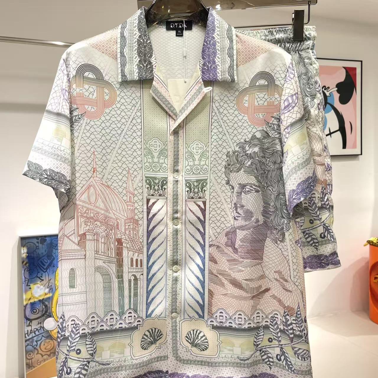 玫瑰贡缎睡衣四季新款清新假日风短袖印花宽松大码潮流套装可外穿