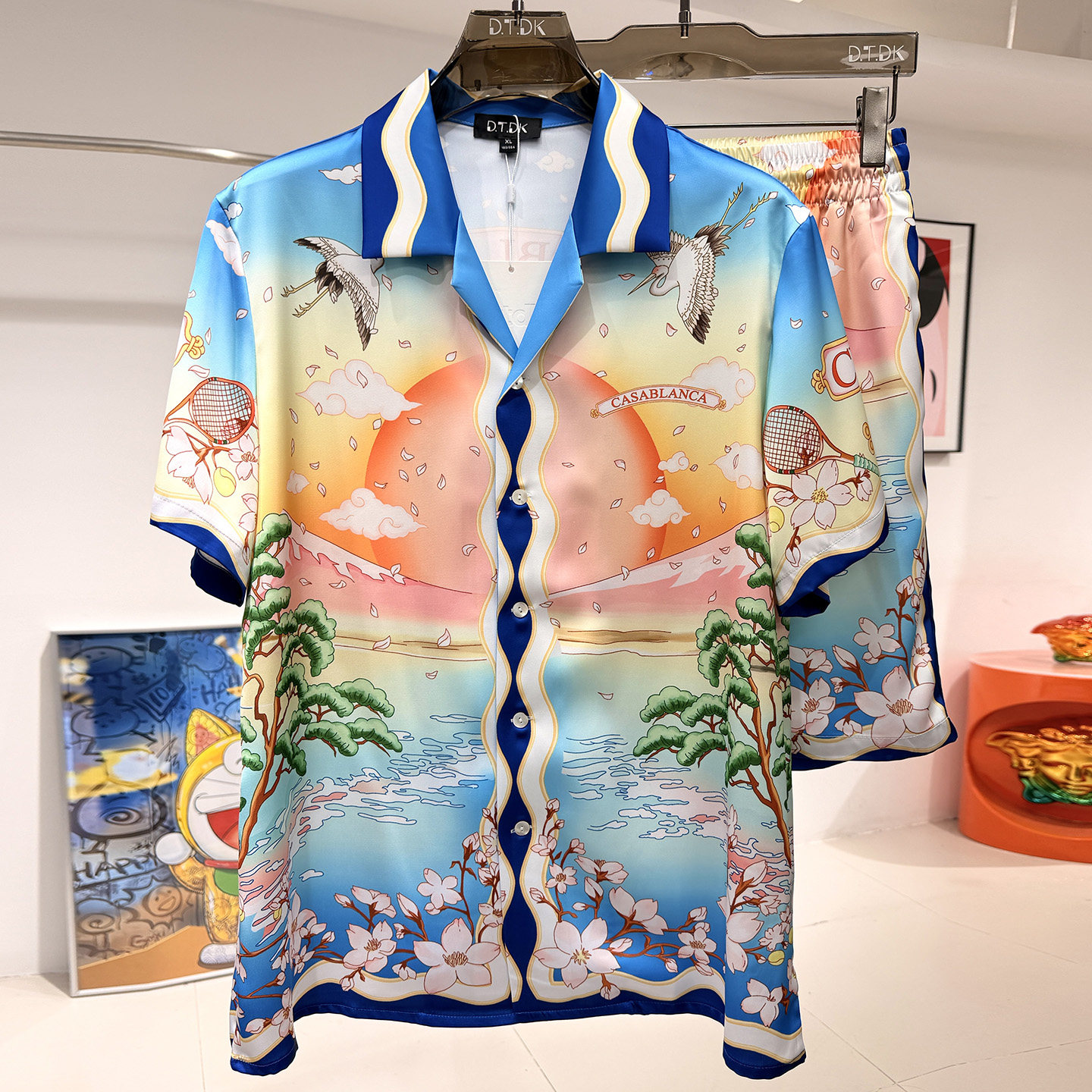 玫瑰贡缎睡衣男士新款夏季情侣高端假日风印花短袖家居服冰丝套装