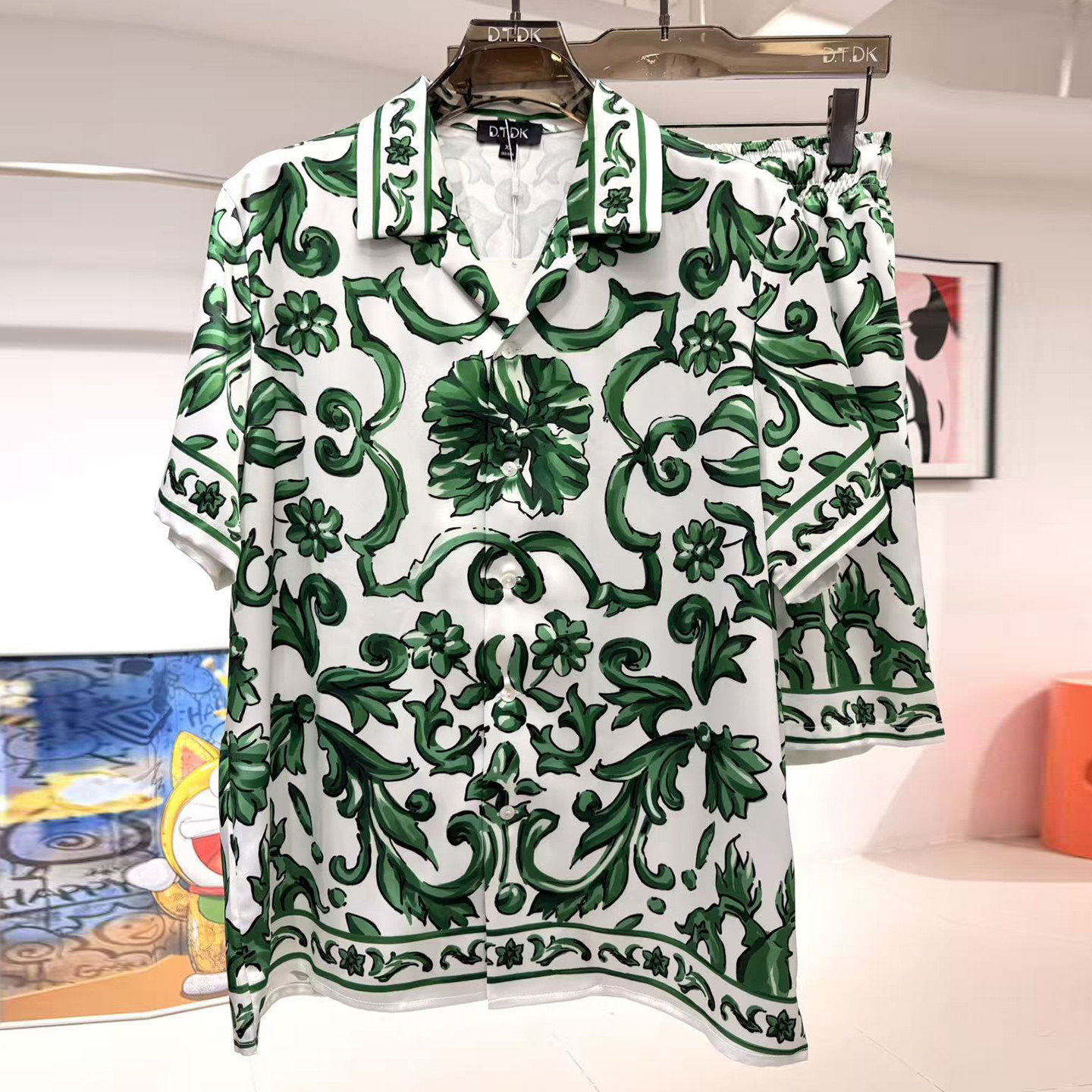 玫瑰贡缎睡衣男士新款夏季情侣高端度假风印花短袖家居服冰丝套装