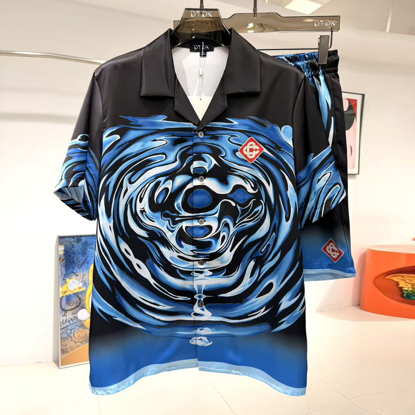玫瑰贡缎睡衣男士新款夏季情侣高端度假风印花短袖家居服冰丝套装