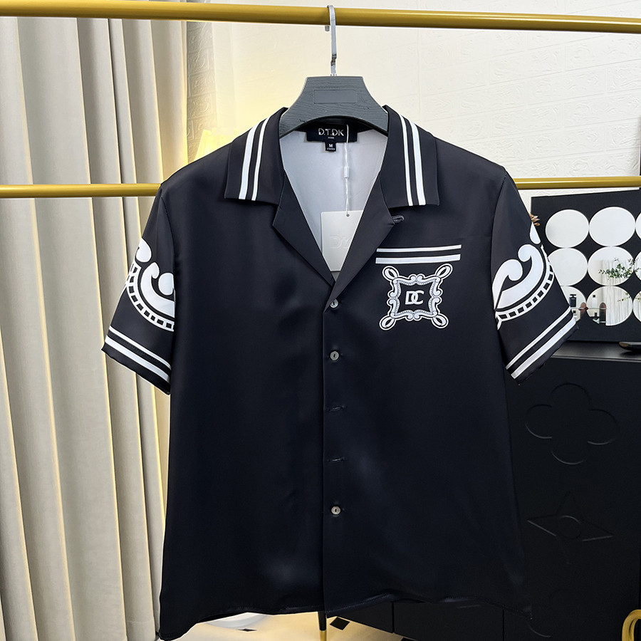玫瑰贡缎衬衫四季新款清新假日风短袖印花宽松大码潮流男装上衣