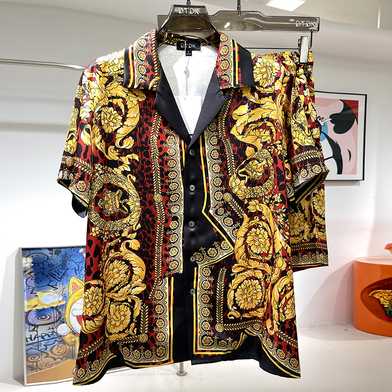 玫瑰贡缎睡衣男2025年新夏季情侣高端印花短袖家居服轻奢冰丝套装