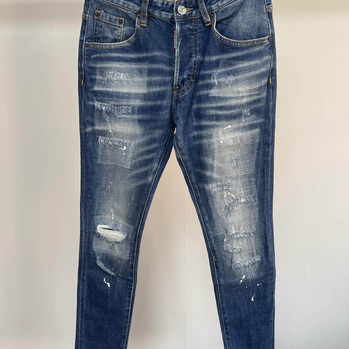 6041四季Dsquared2牛仔裤男装D2牛仔裤男磨破洞补丁微弹小脚蓝色