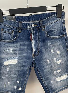 3002春D2牛仔裤Dsquared2牛仔裤男装磨破洞补丁修身微弹牛仔短裤