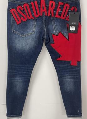 9839春夏新款D2牛仔裤潮男水洗磨破补丁百搭微弹修身小脚蓝色