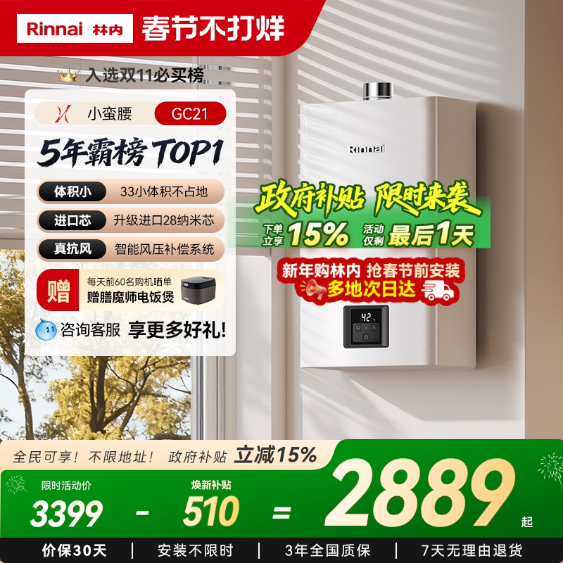 [小蛮腰恒温]林内燃气热水器家用天然气官方13升16升GC21