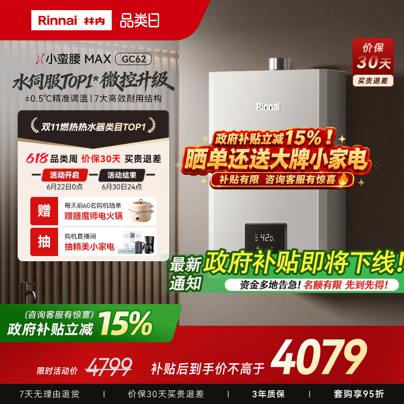 [小蛮腰MAX水伺服]林内燃气热水器GC62家用天然气13/16