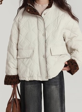 乔伊思童装女童棉衣2025秋冬新款棉服菱形格锁棉立领棉袄拼接豹纹