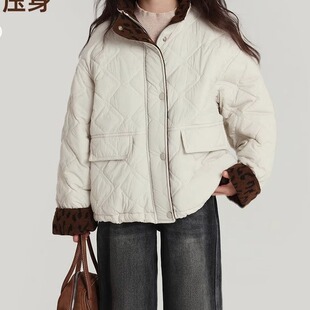 乔伊思童装女童棉衣2026秋冬新款棉服菱形格锁棉立领棉袄拼接豹纹