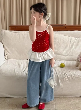 乔伊思童装女童背心红色波点蝴蝶结吊带夏季款荷叶边拼接叠穿上衣