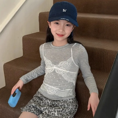 乔伊思童装女童长袖T恤春季2026拼接蕾丝假两件洋气时髦针织上衣
