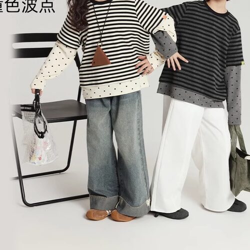 乔伊思童装装T恤2026秋季新款女童t恤条纹搭配波点假两件长袖t恤