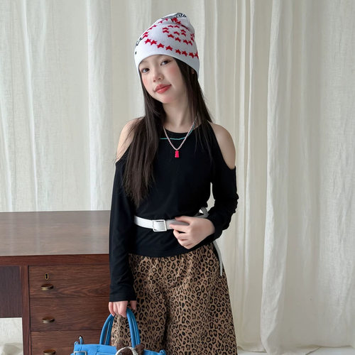 乔伊思童装露肩长袖冰瓷棉T恤韩版修身辣妹风儿童打底衫防晒上衣