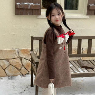 乔伊思童装冬圣诞款女童咖色高领打底衫小鹿背带裙套装女宝两件套