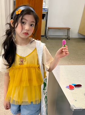 乔伊思童装女童套装2026年夏季新款韩系ins风卡通真两件网纱T恤