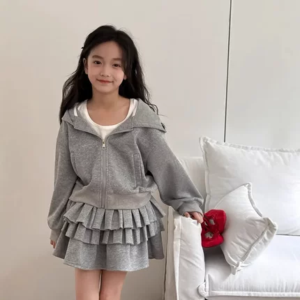 乔伊思童装女童卫衣套装春季蛋糕裙防走光蓬蓬半身裙拉链带帽外套