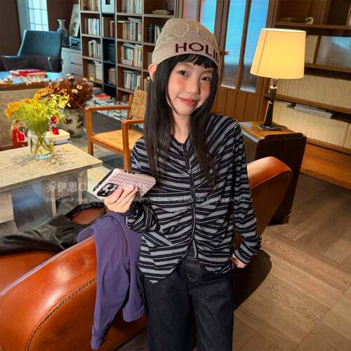 乔伊思童装女童长袖T恤2026秋款韩版条纹抽褶儿童竖条纹收褶打底