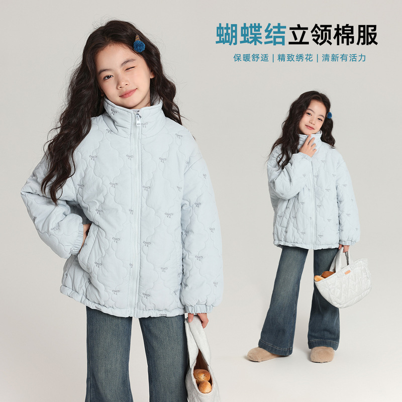 乔伊思童装装棉服2025冬季新款蝴蝶结立体刺绣立领女宝宝保暖棉衣