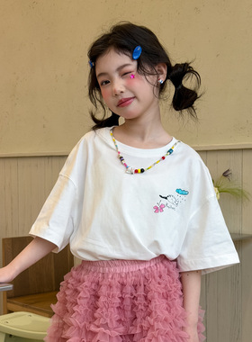 乔伊思童装女童T恤2026年夏季新款卡通短袖t百搭水柔棉甜心带项链