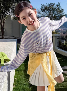 乔伊思童装童套装2026春夏女童卡通彩条防晒t恤白色百褶裙两件套