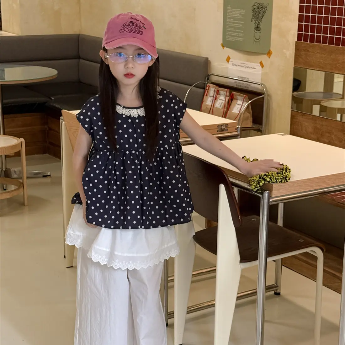 乔伊思童装女童小衫夏季2025新款波点花边设计女童甜美纯棉上衣潮