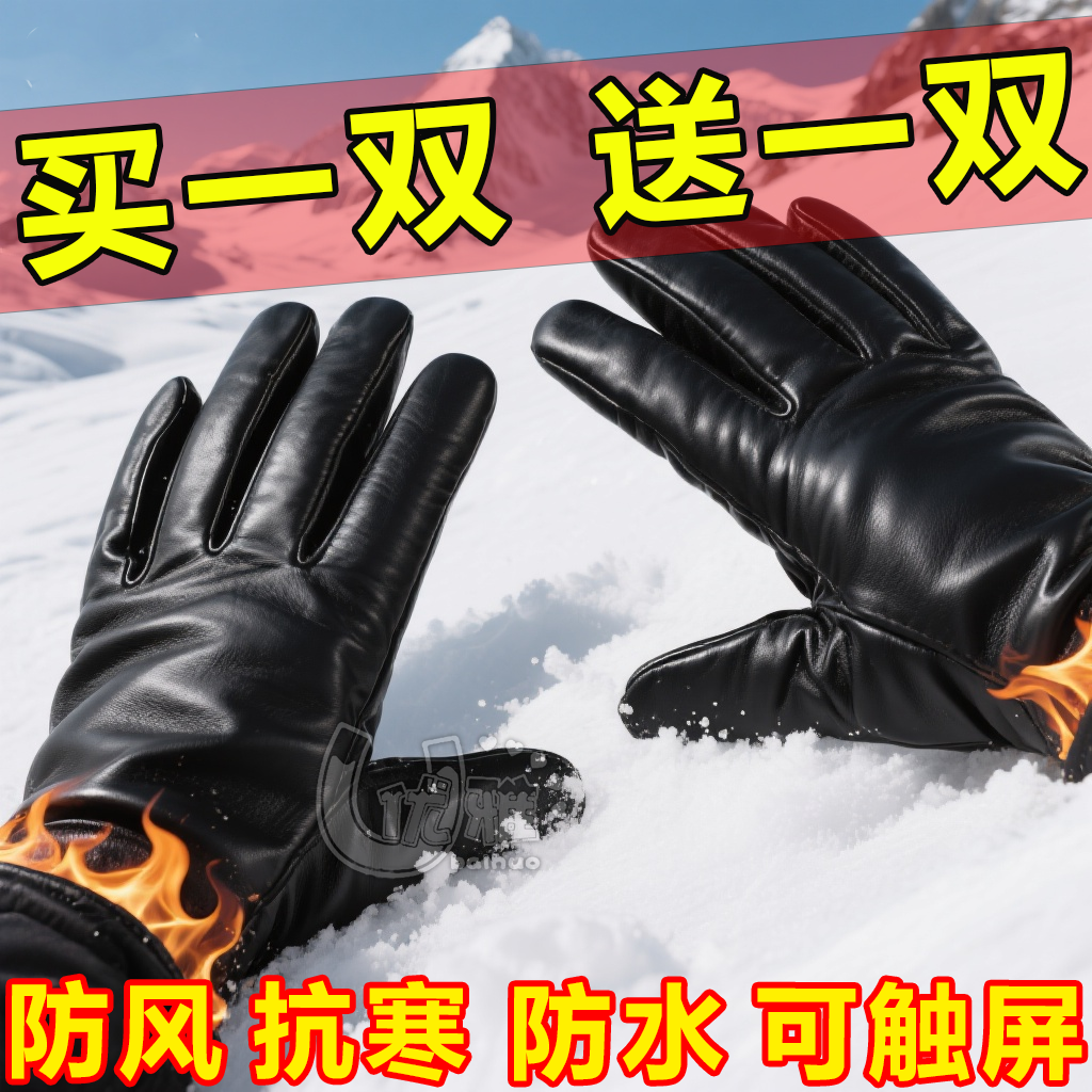 真皮毛一体手套冬季加厚加绒保暖男骑行摩托车羊皮羊毛防寒皮手套