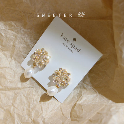 SWEETER精致小女人KS花瓣镶钻满天星圆形花簇925银针耳环珍珠耳坠