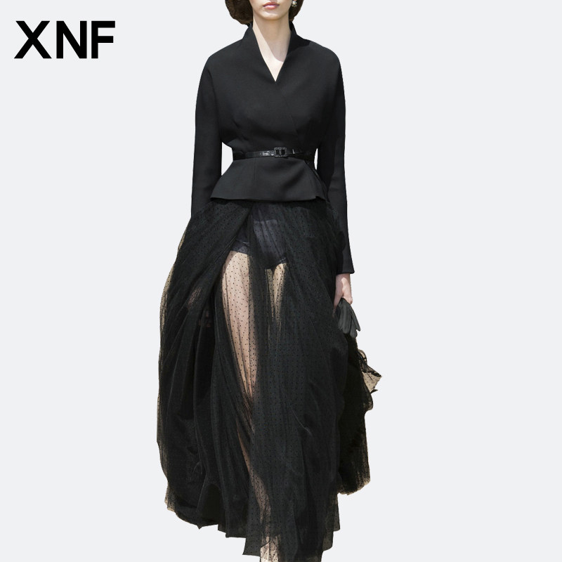 流苏网纱纯色欧美长款年会显瘦