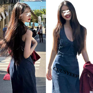 F圆明星同款复古港风蓝色牛仔背心连衣裙女高级感U领御姐风背心裙