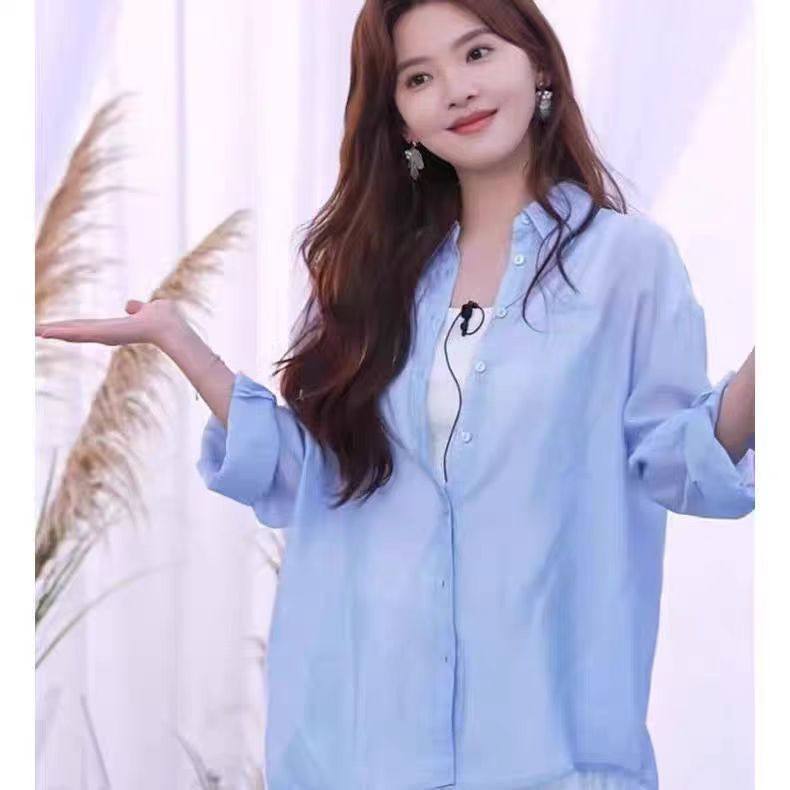 章若楠同款蓝色衬衫女2025夏季新款长袖衬衣休闲百搭减龄显白上衣