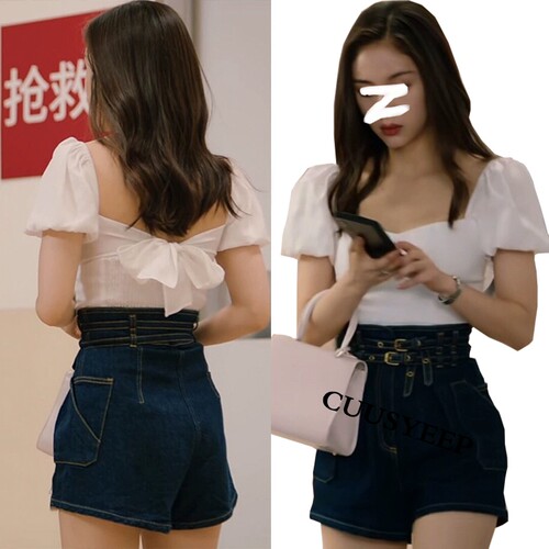 明星同款白色衬衫牛仔热裤套装女