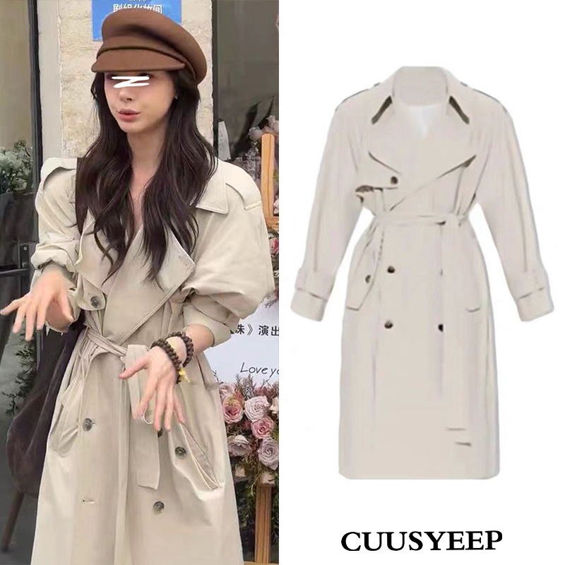 双排扣中长风衣收腰系带米色外套