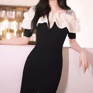 欧货2025夏新款古力娜扎同款法式拼接吊带开叉连衣裙一字肩黑色裙