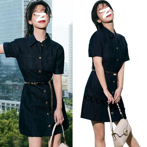 明星同款深蓝气质法式牛仔连衣裙