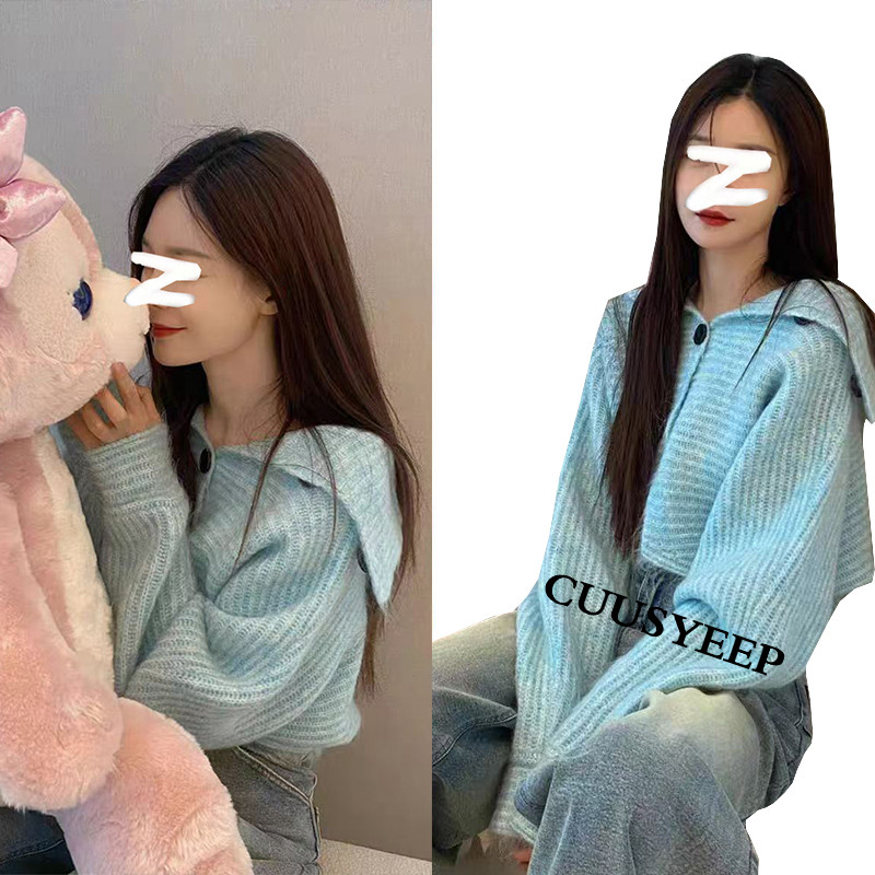 奶系穿搭蓝色针织开衫软糯外套